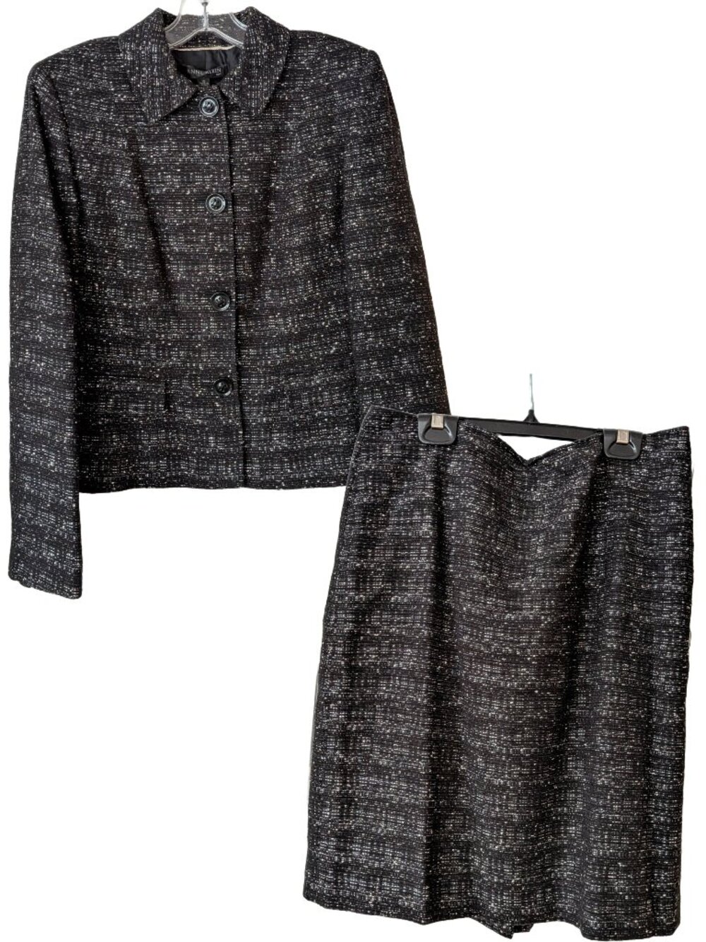 Anne Klein Tweed 2-Piece Skirt Suit Set Black White Textured Size 10